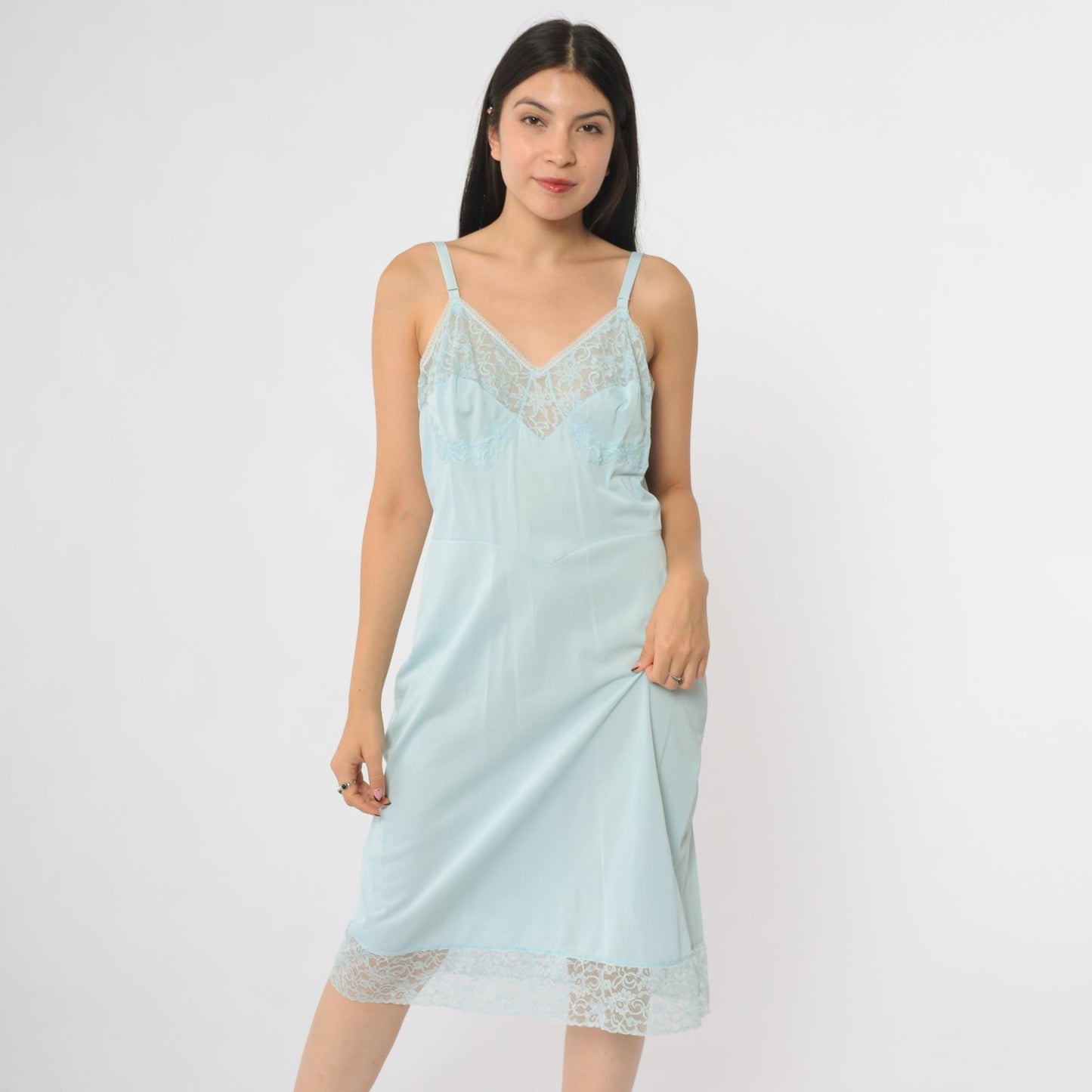 70s Warner's Baby Blue Slip Dress Midi V-Neck Empire Waist Medium