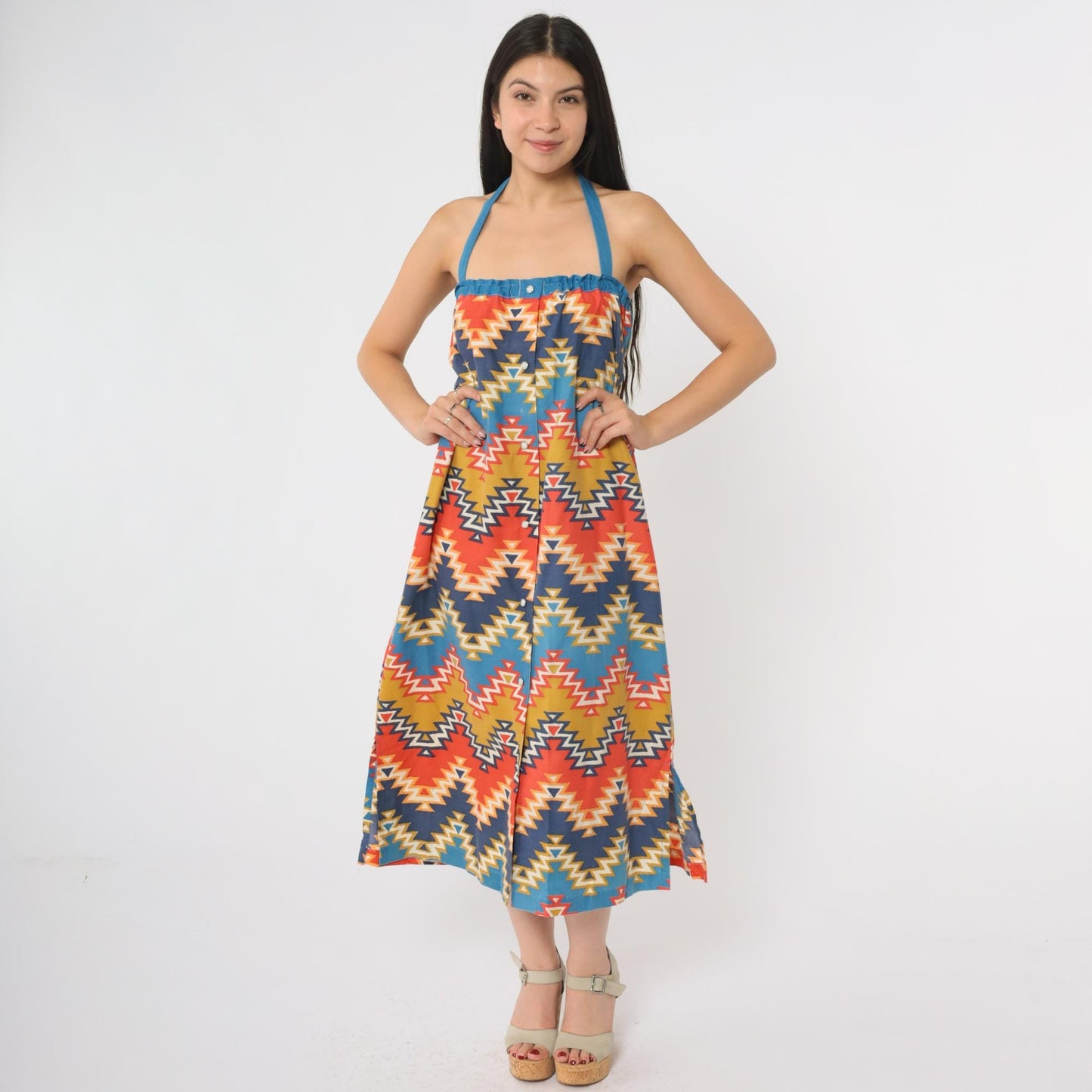 70s Geometric Southwest Halter Midi Dress Cotton Diamond Zigzag Small S