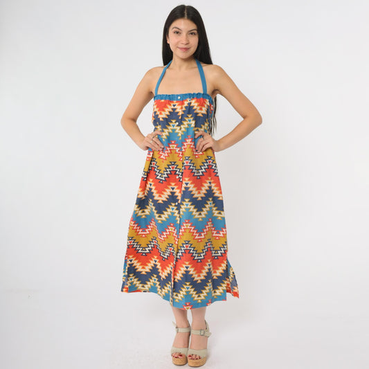 70s Geometric Southwest Halter Midi Dress Cotton Diamond Zigzag Small S
