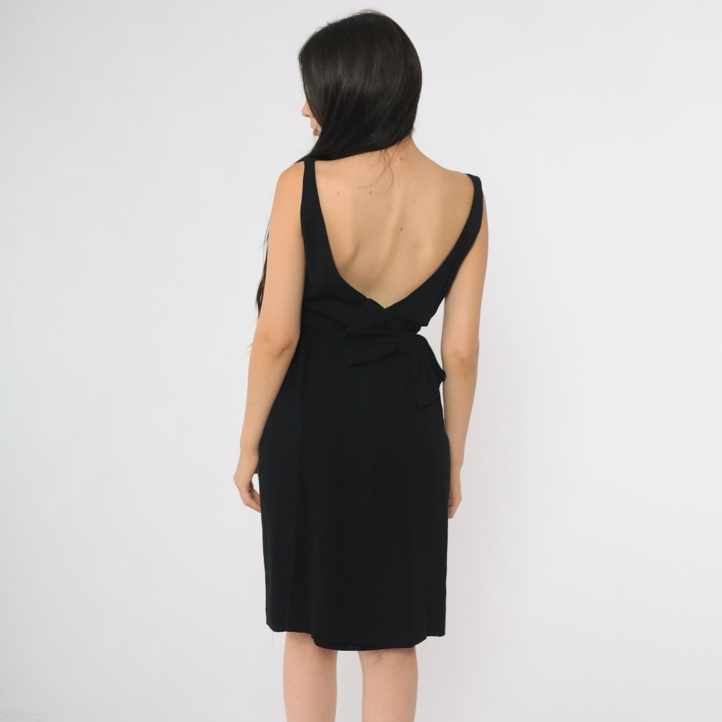 60s Black Mini Dress Open Back Boat Neck Sleeveless Sheath XSmall