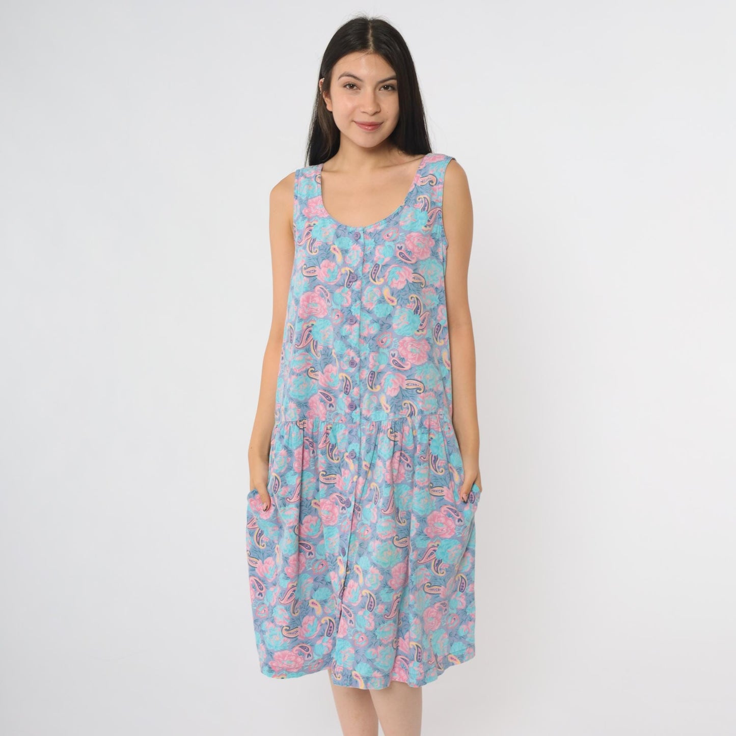 90s Intimate Options Turquoise Paisley Midi Dress Button Front Scoop Neck Small
