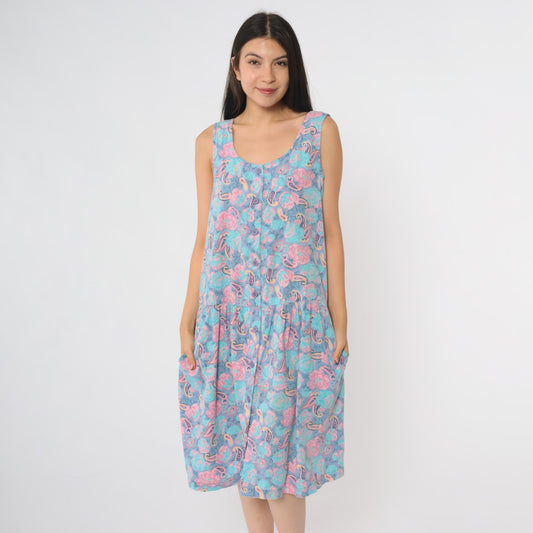 90s Intimate Options Turquoise Paisley Midi Dress Button Front Scoop Neck Small