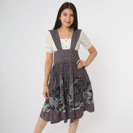 80s Giraffe Print Pinafore Dress Navy Full Circle Skirt Cotton Midi Small