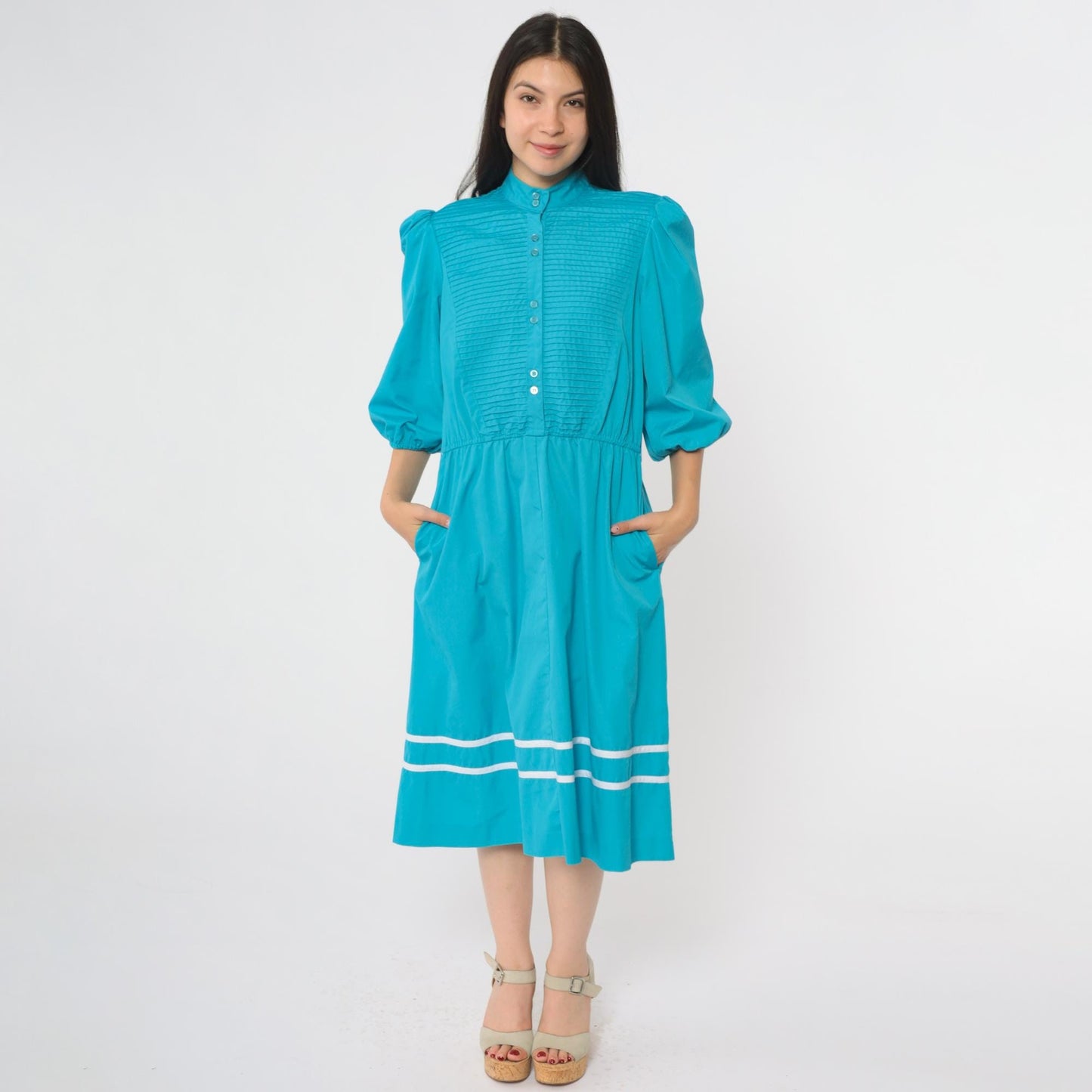 80s Turquoise Midi Dress Puff Sleeve Button Front Pintuck Bodice Medium