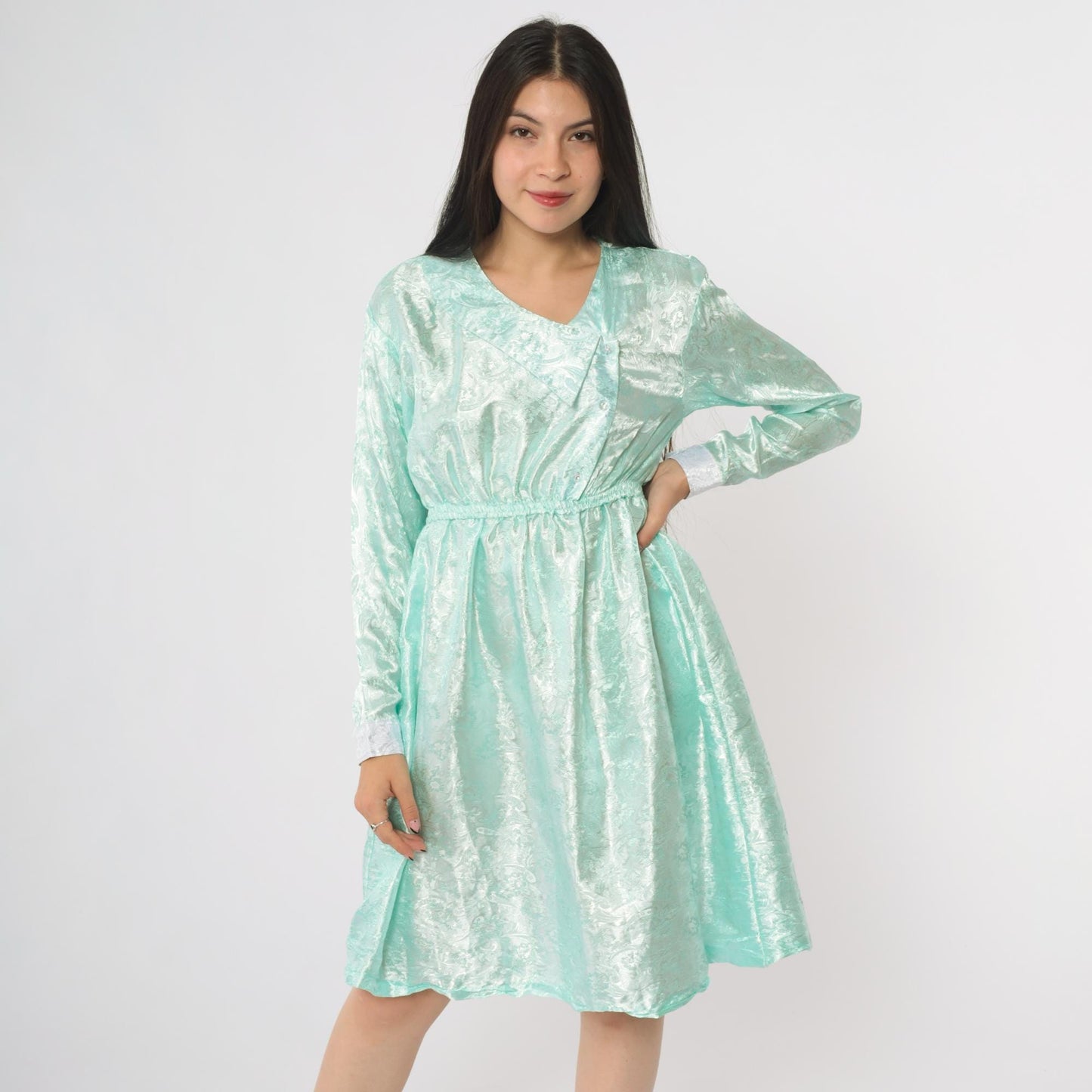 80s Mint Green Satin V-Neck Dress Long Sleeve Bow Detail Small