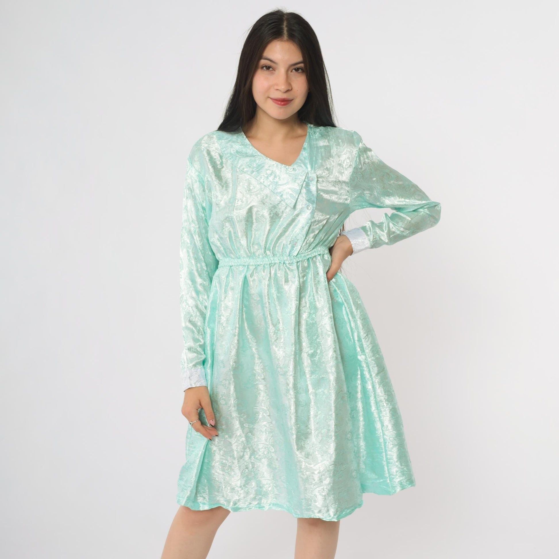 80s Mint Green Satin V-Neck Dress Long Sleeve Bow Detail Small