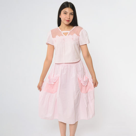 90s Stoplight Pink Cotton Two Piece Set Crop Top Midi Skirt Small