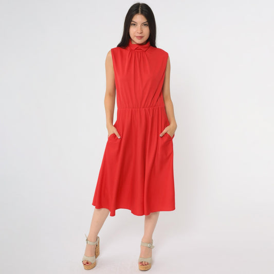 80s Impromptu Red Sleeveless Midi Dress Elastic Waist Collar Small