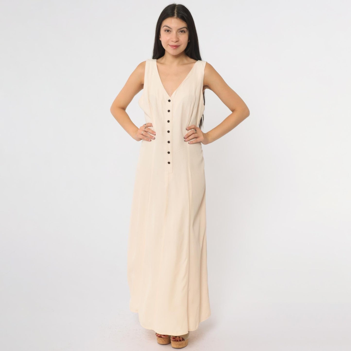 90s Cream Maxi Dress Button Front Deep V Neck Sleeveless Large L