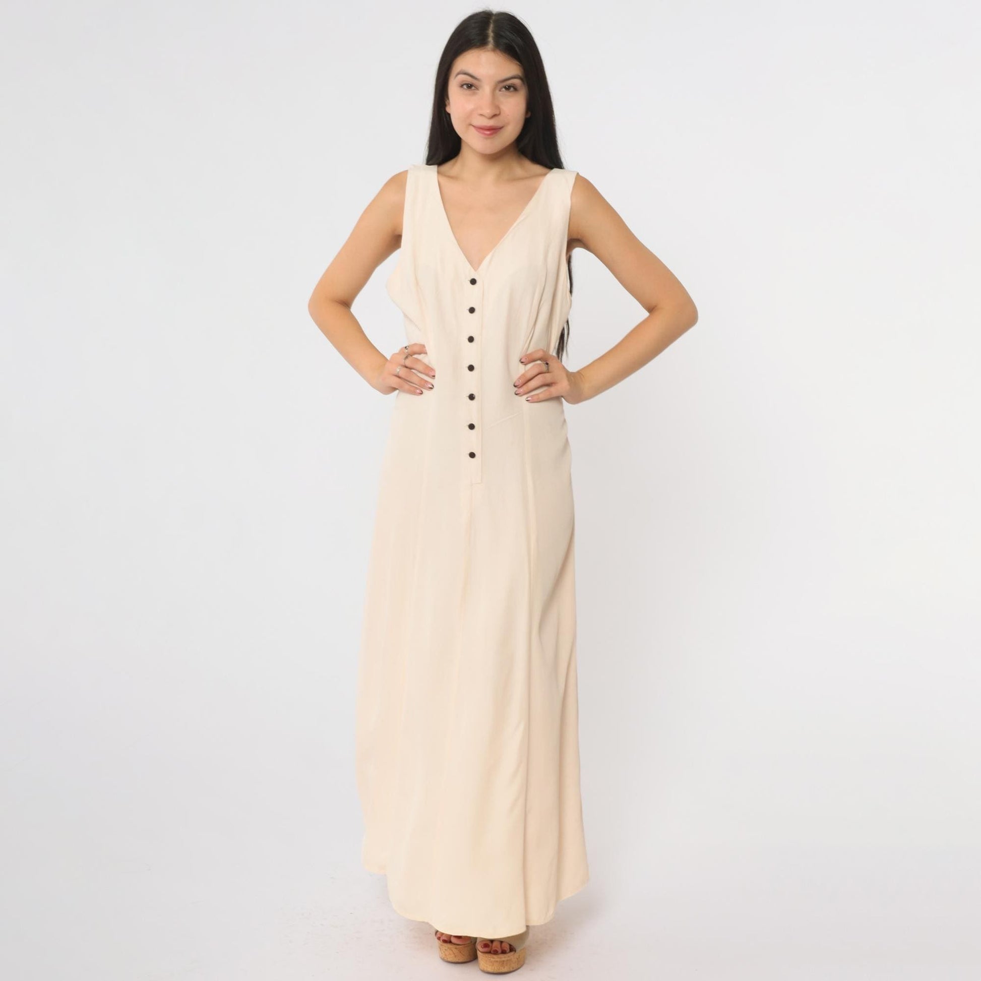 90s Cream Maxi Dress Button Front Deep V Neck Sleeveless Large L