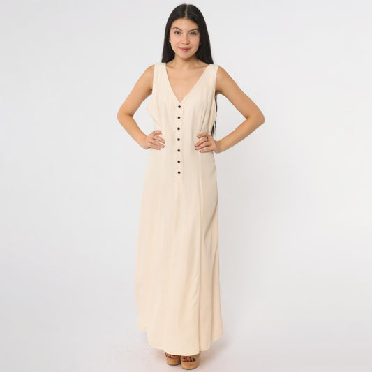 90s Cream Maxi Dress Button Front Deep V Neck Sleeveless Large L