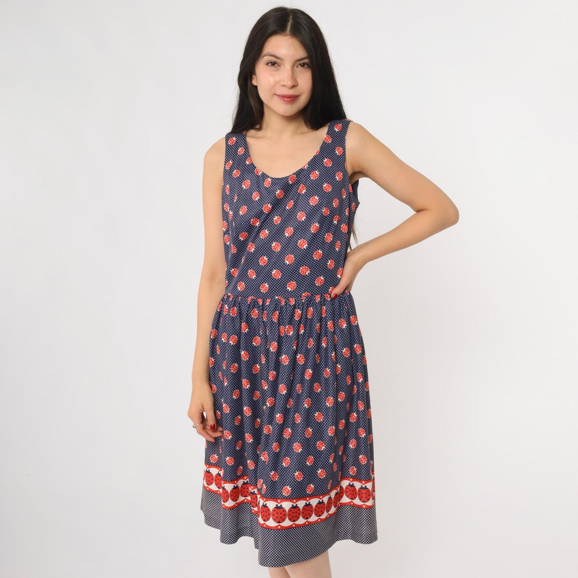 60s Navy Ladybug Polka Dot A-Line Dress Sleeveless Scoop Neck Medium