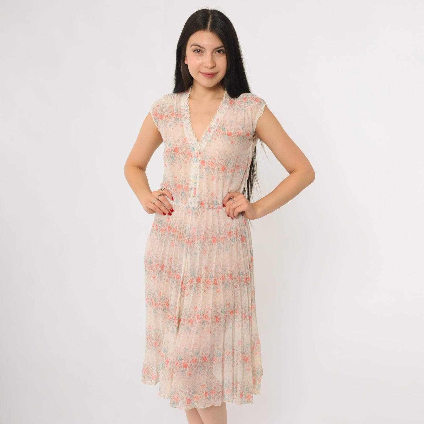 70s Cream Floral Prairie Dress Sleeveless V-Neck Midi Lace Trim Small