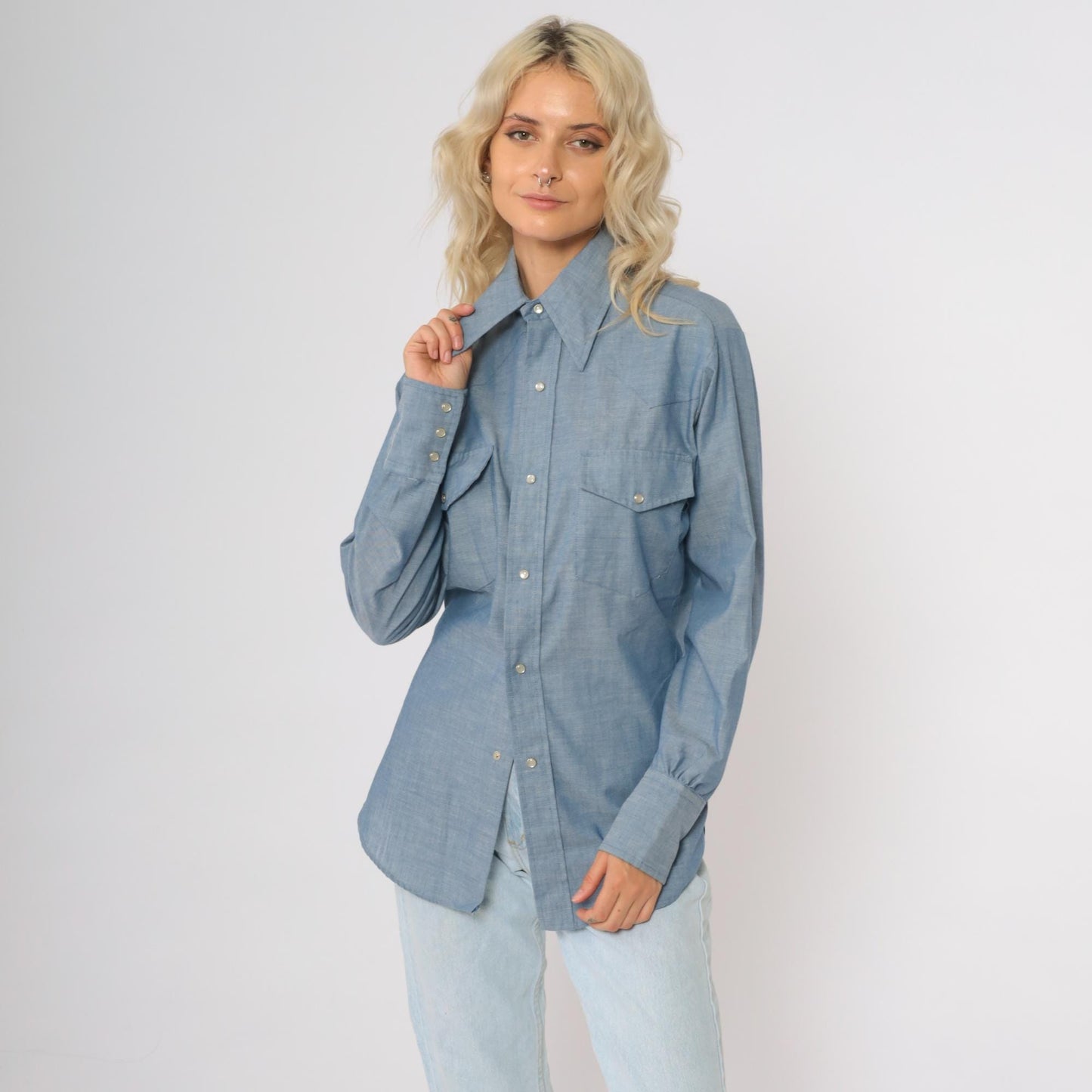 70s Continental Casuals Western Chambray Shirt Blue Pearl Snap Small