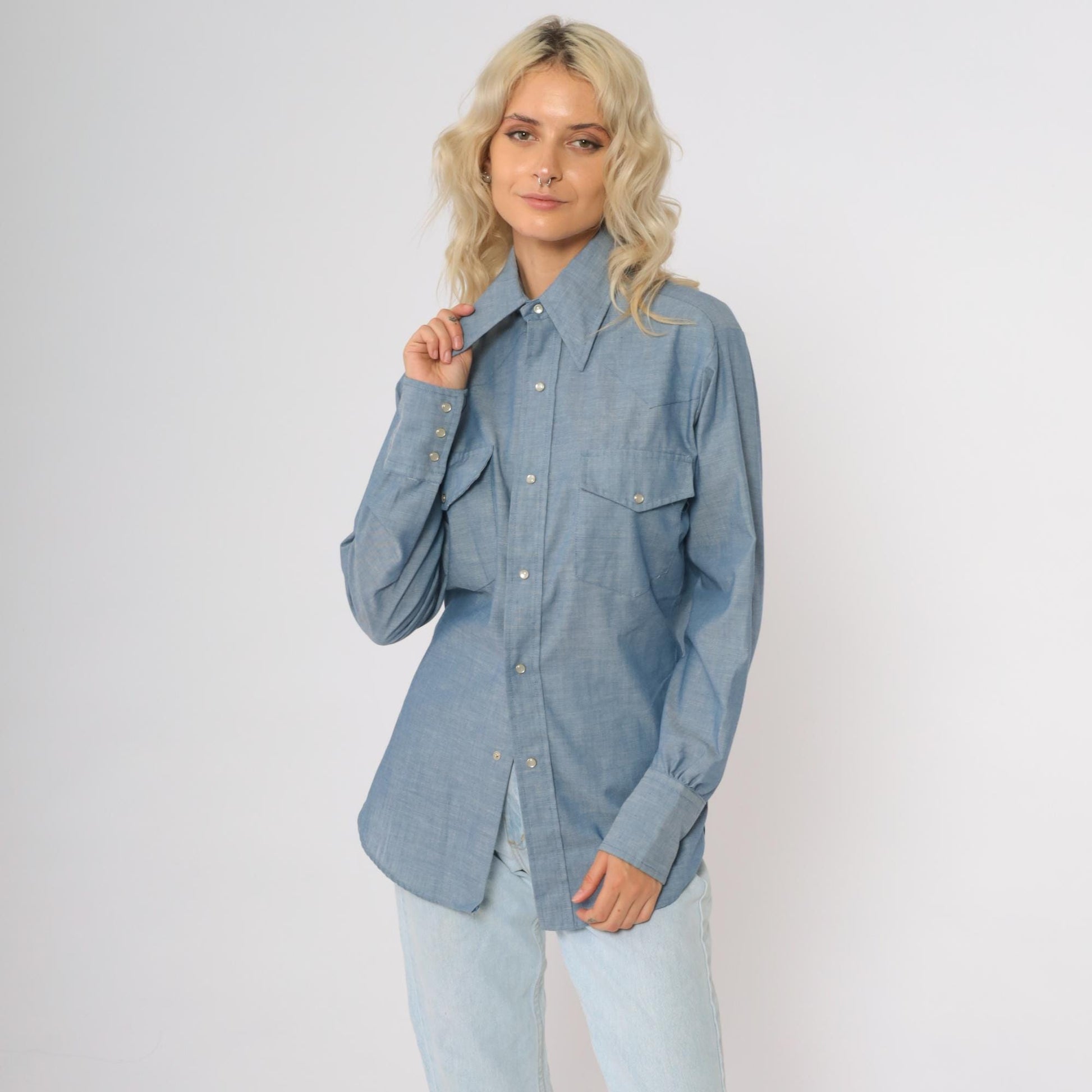 70s Continental Casuals Western Chambray Shirt Blue Pearl Snap Small
