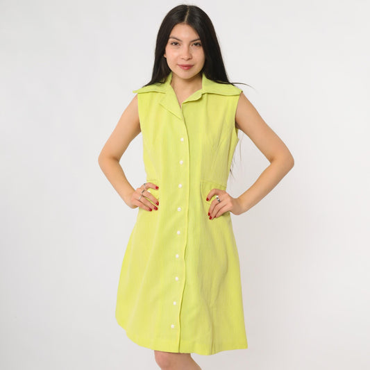 70s Lime Green Mod Mini Dress Pointed Collar A-Line Shift Medium M