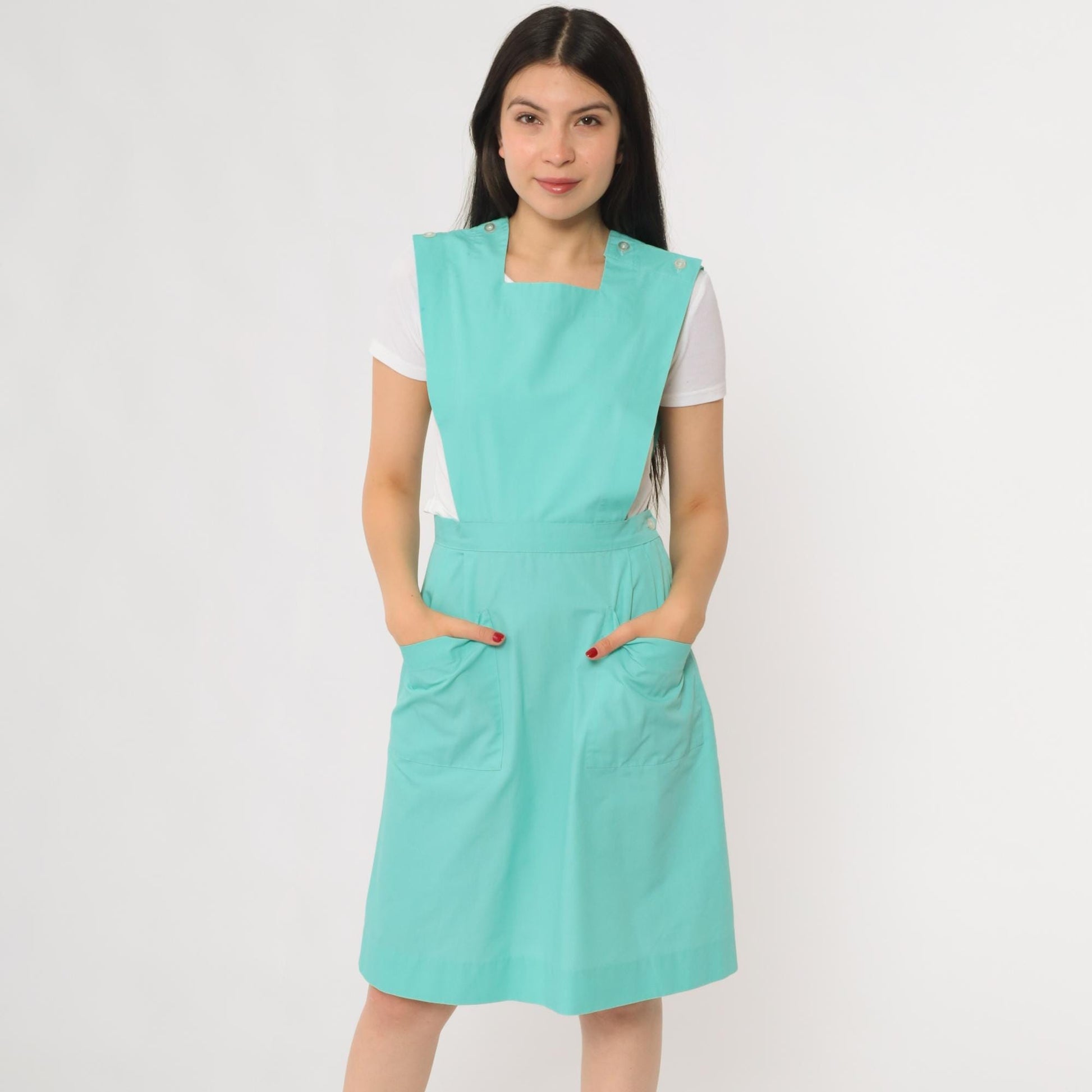 80s Turquoise Pinafore Apron Dress Square Neck Buttoned Straps Knee Length Small