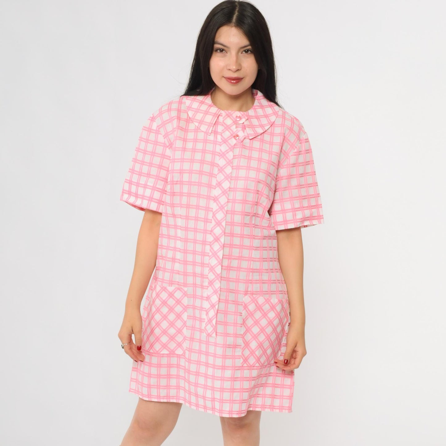1960s Pink Plaid Shift Dress Peter Pan Collar Button Front Large L