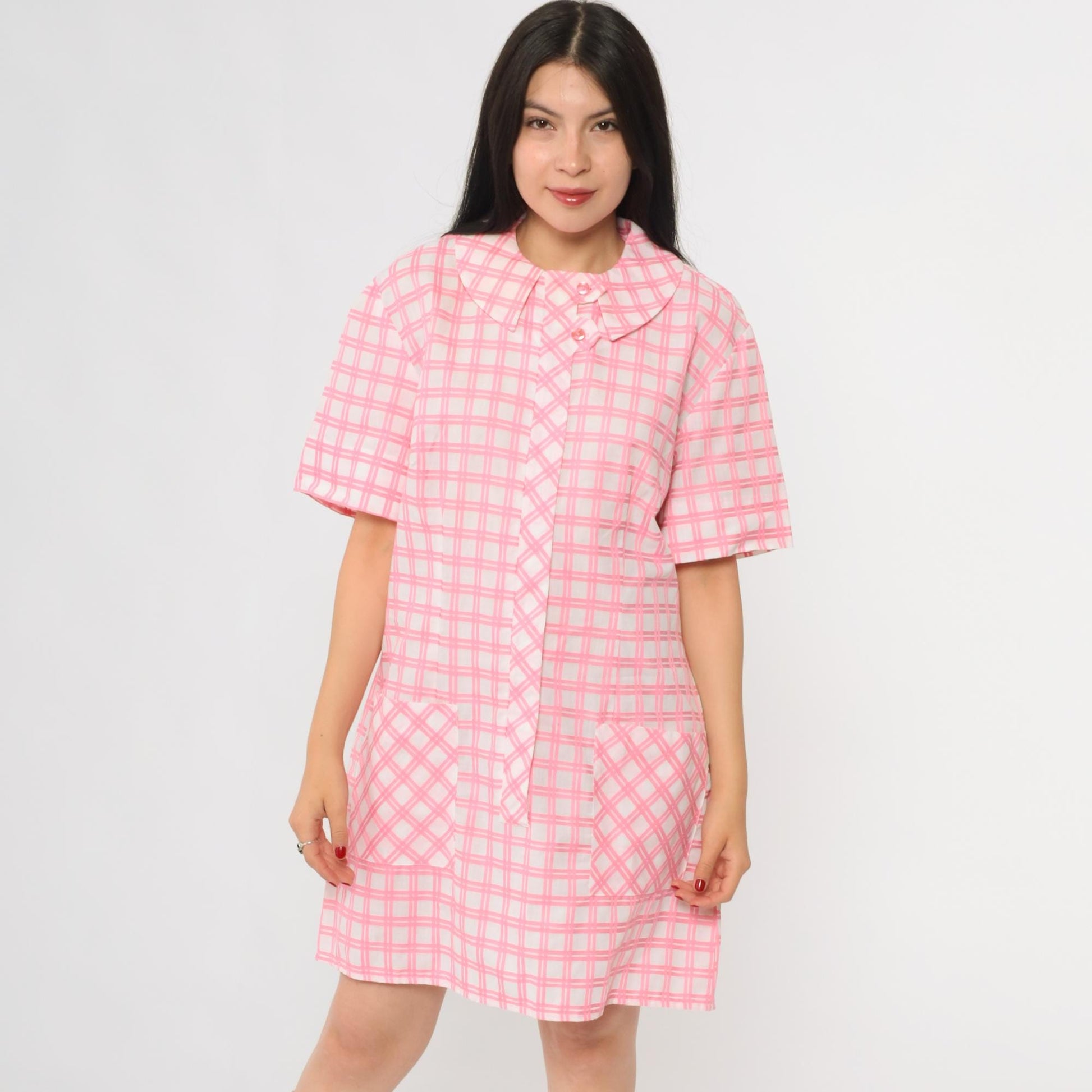 1960s Pink Plaid Shift Dress Peter Pan Collar Button Front Large L