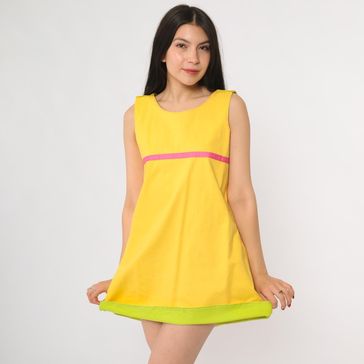 70s Reversible Mod Mini Dress Yellow Pink Green Colorblock A-Line Small