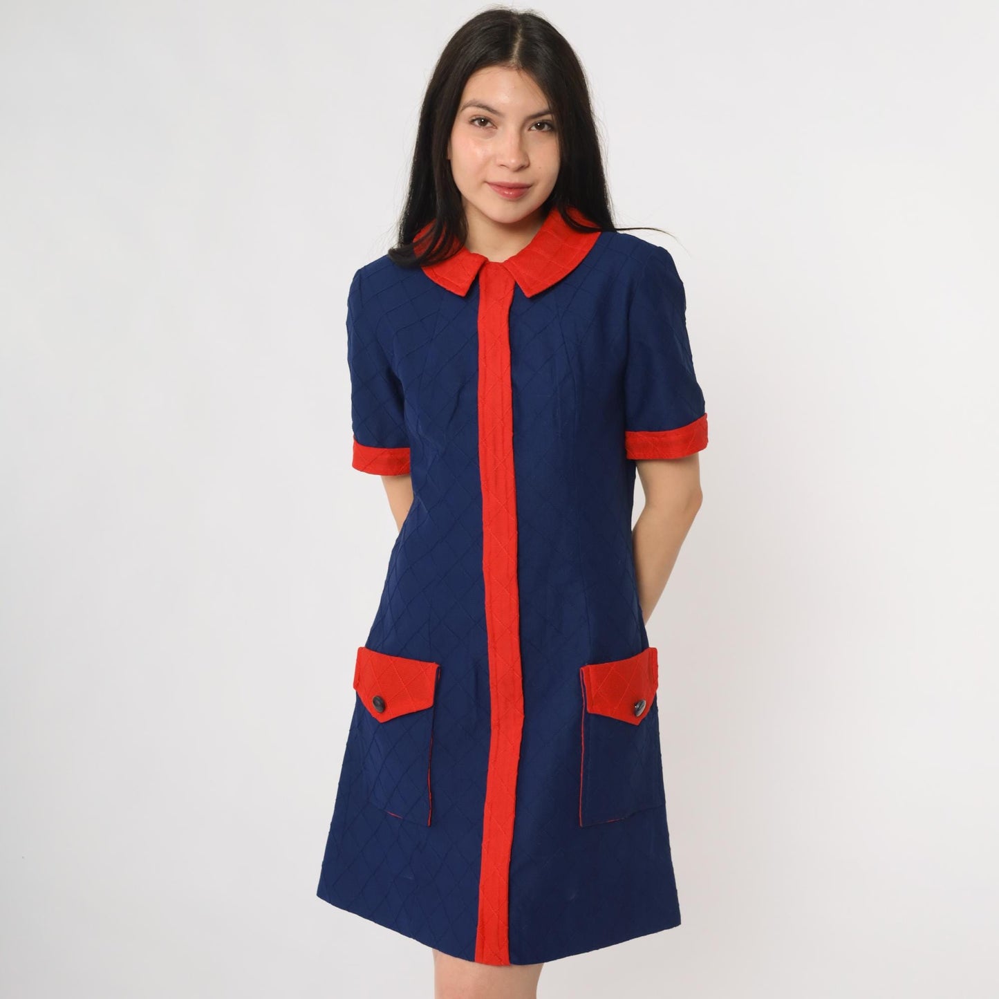 60s Mod Mini Dress Navy Red Colorblock Peter Pan Collar Shift Medium M