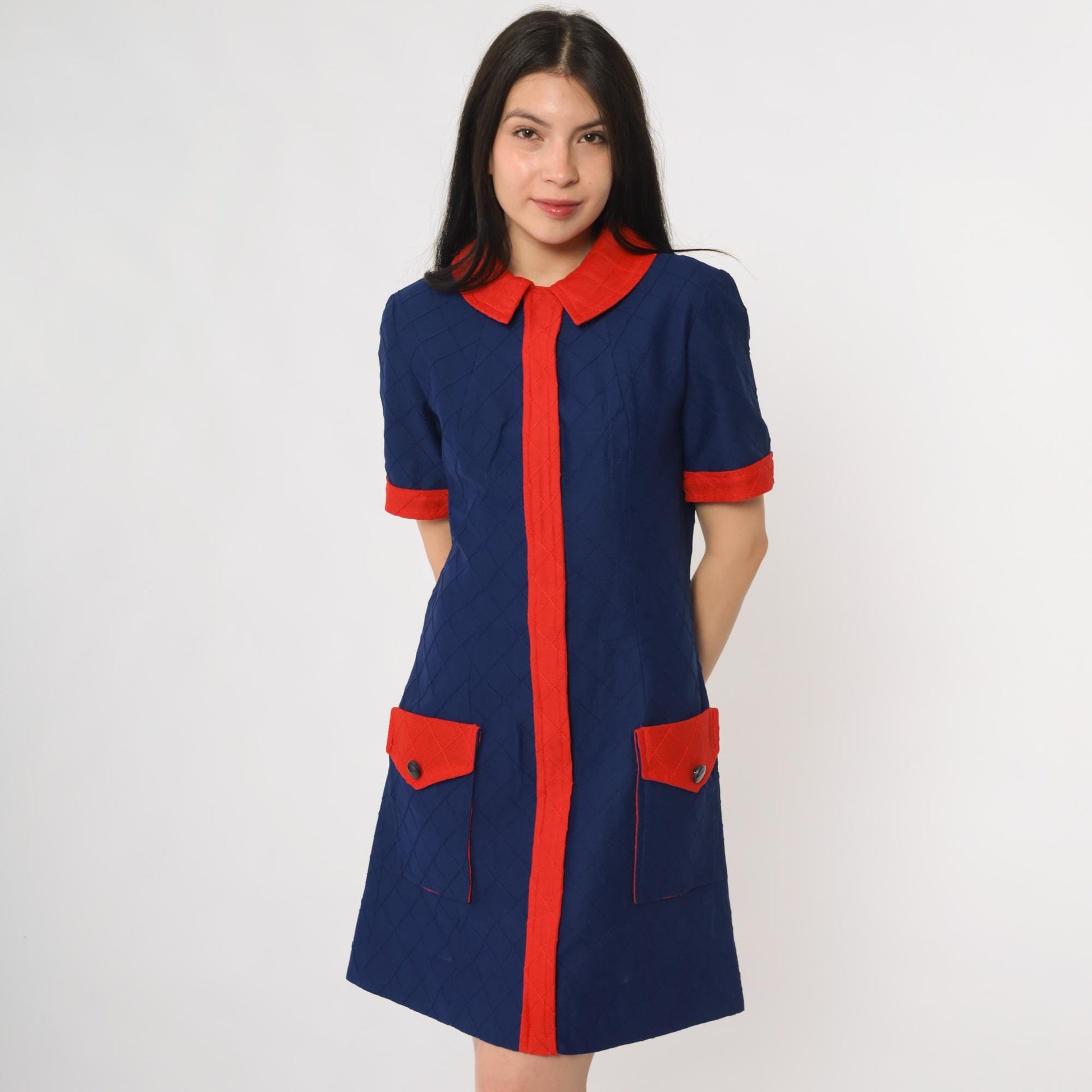 60s Mod Mini Dress Navy Red Colorblock Peter Pan Collar Shift Medium M