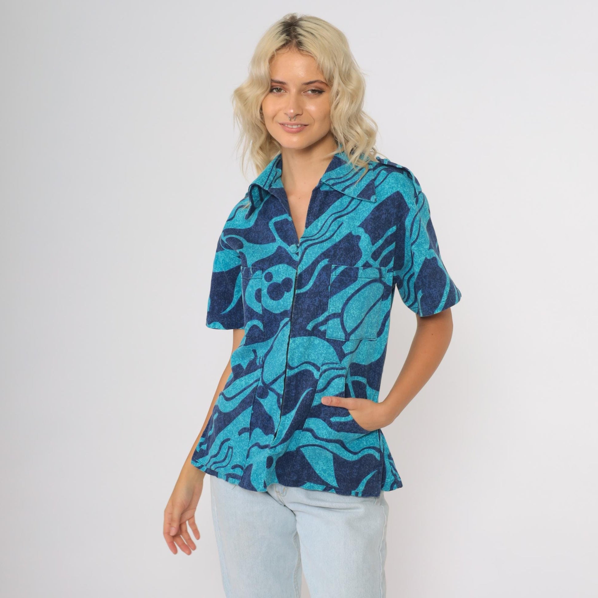 70s Hawaiian Zip Blouse Turquoise Psychedelic Tiki Print Short Sleeve Small