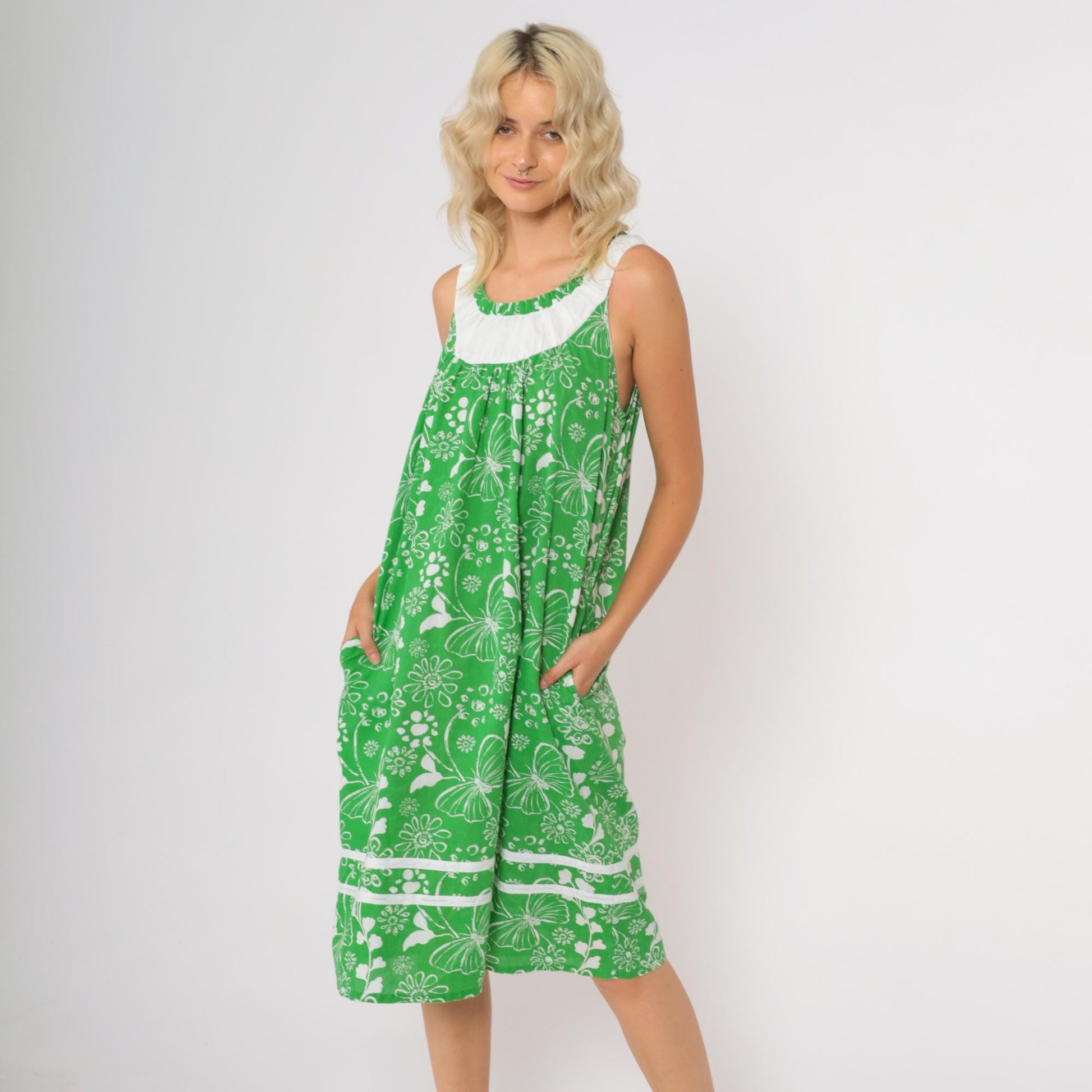 90s Anthony Richards Green Floral Midi Dress Butterfly Ruffle Trim Medium