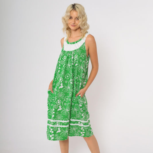 90s Anthony Richards Green Floral Midi Dress Butterfly Ruffle Trim Medium