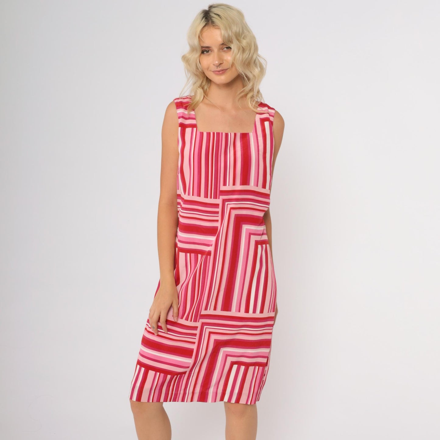 Y2K Easy Pieces New York Red Pink Striped Mini Dress Geometric Tie Straps Medium