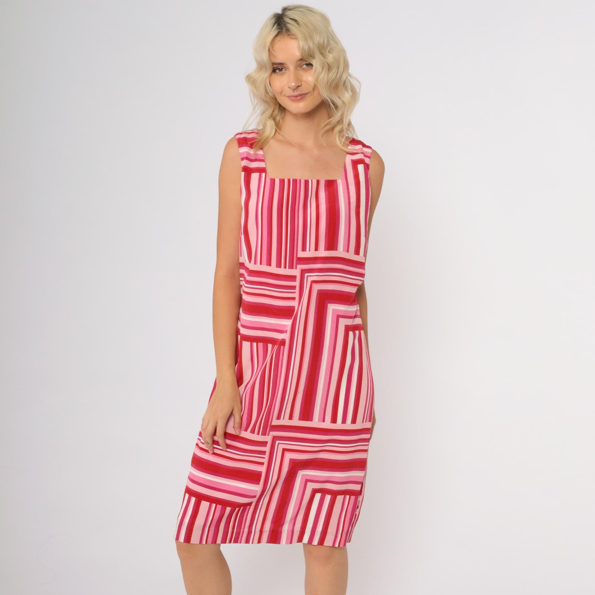 Y2K Easy Pieces New York Red Pink Striped Mini Dress Geometric Tie Straps Medium