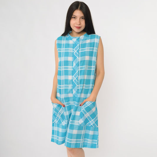 60s Carol Brent Plaid Shift Dress Aqua Blue White A-Line Large L