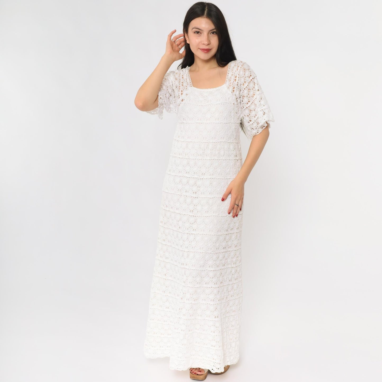60s White Crochet Lace Maxi Dress Long Sleeve Scoop Neck Small XS