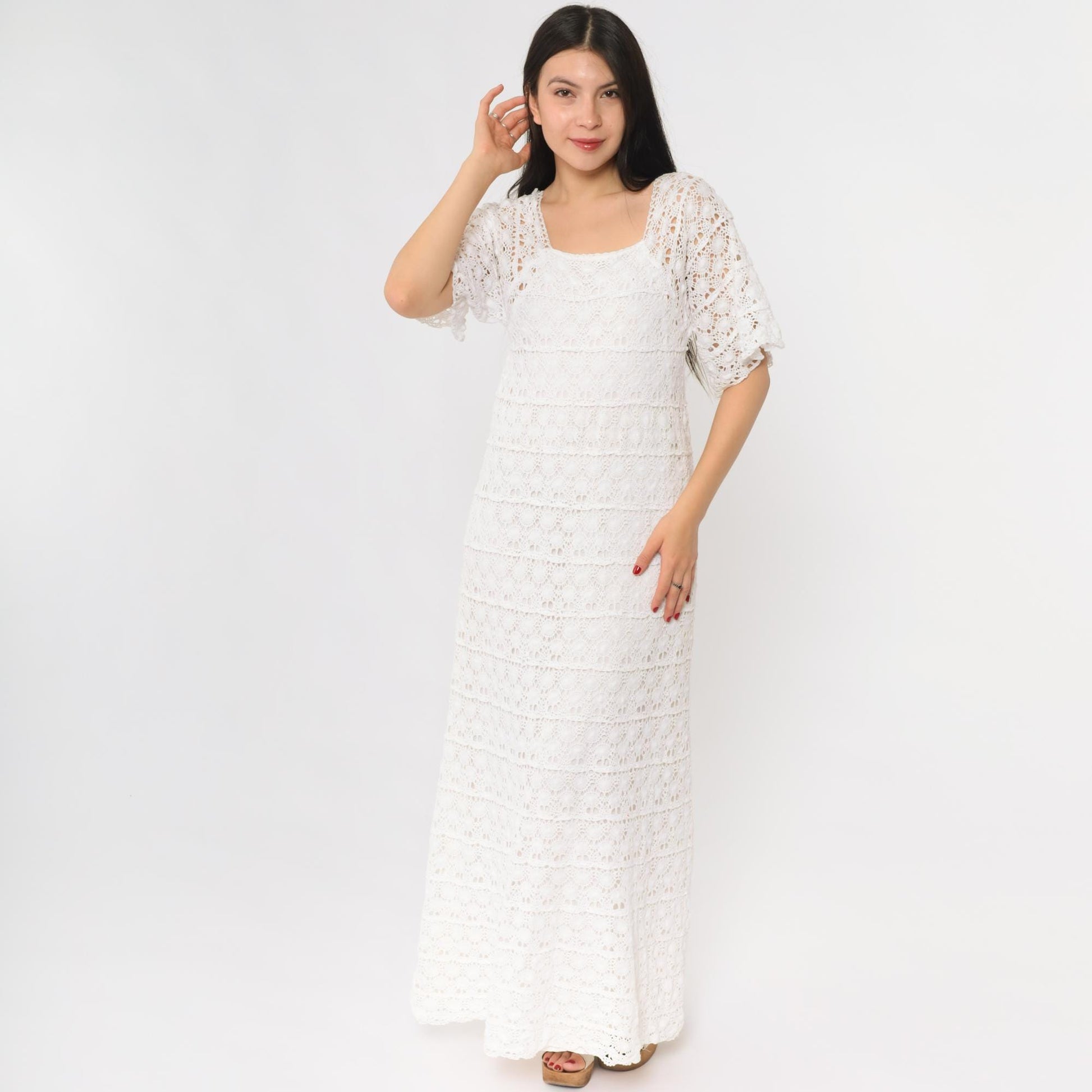 60s White Crochet Lace Maxi Dress Long Sleeve Scoop Neck Small XS