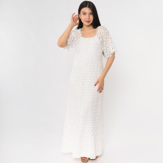 60s White Crochet Lace Maxi Dress Long Sleeve Scoop Neck Small XS