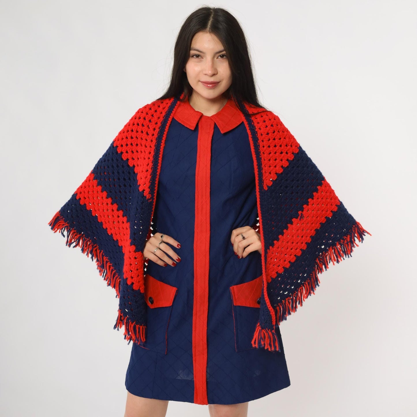 70s Crochet Shawl Red Navy Granny Square Triangle Poncho Fringe One Size