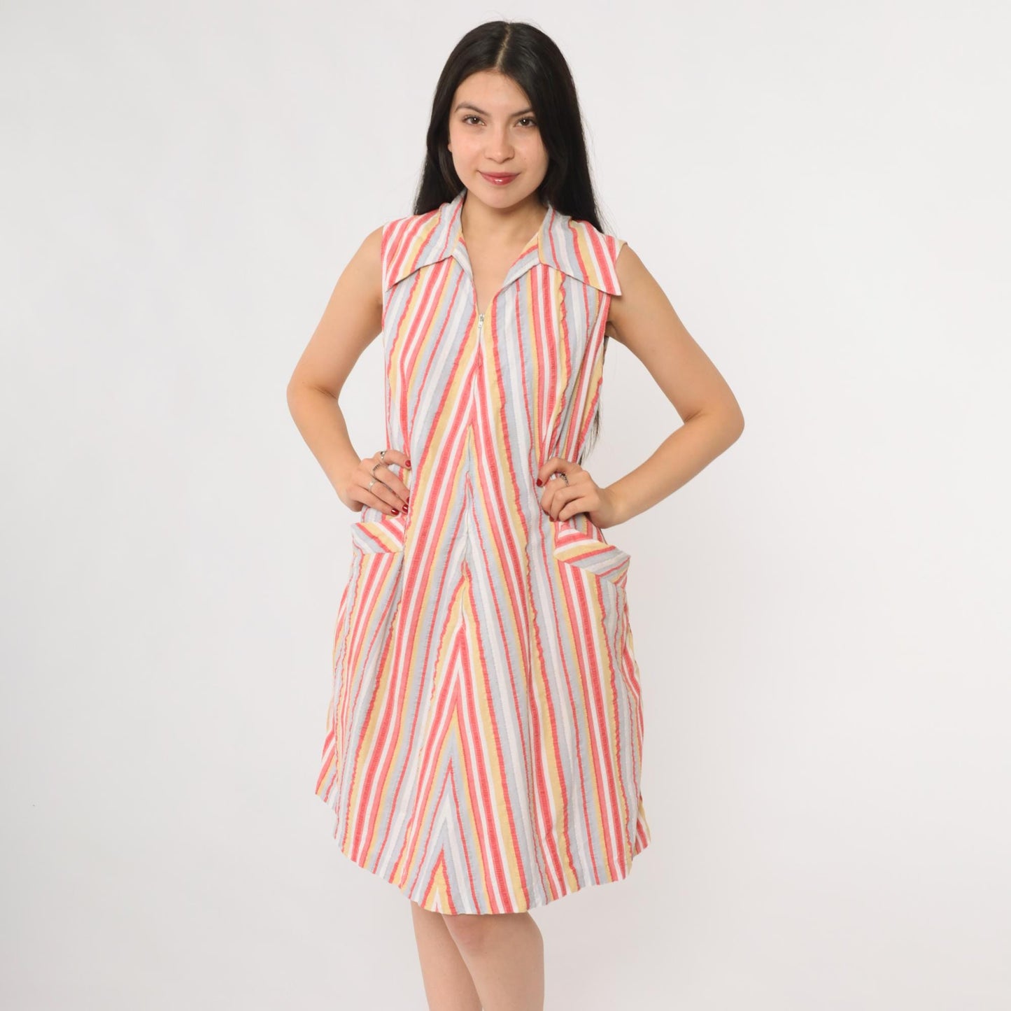 70s Go-Ins Rainbow Stripe A-Line Zip Front Dress Cotton Medium