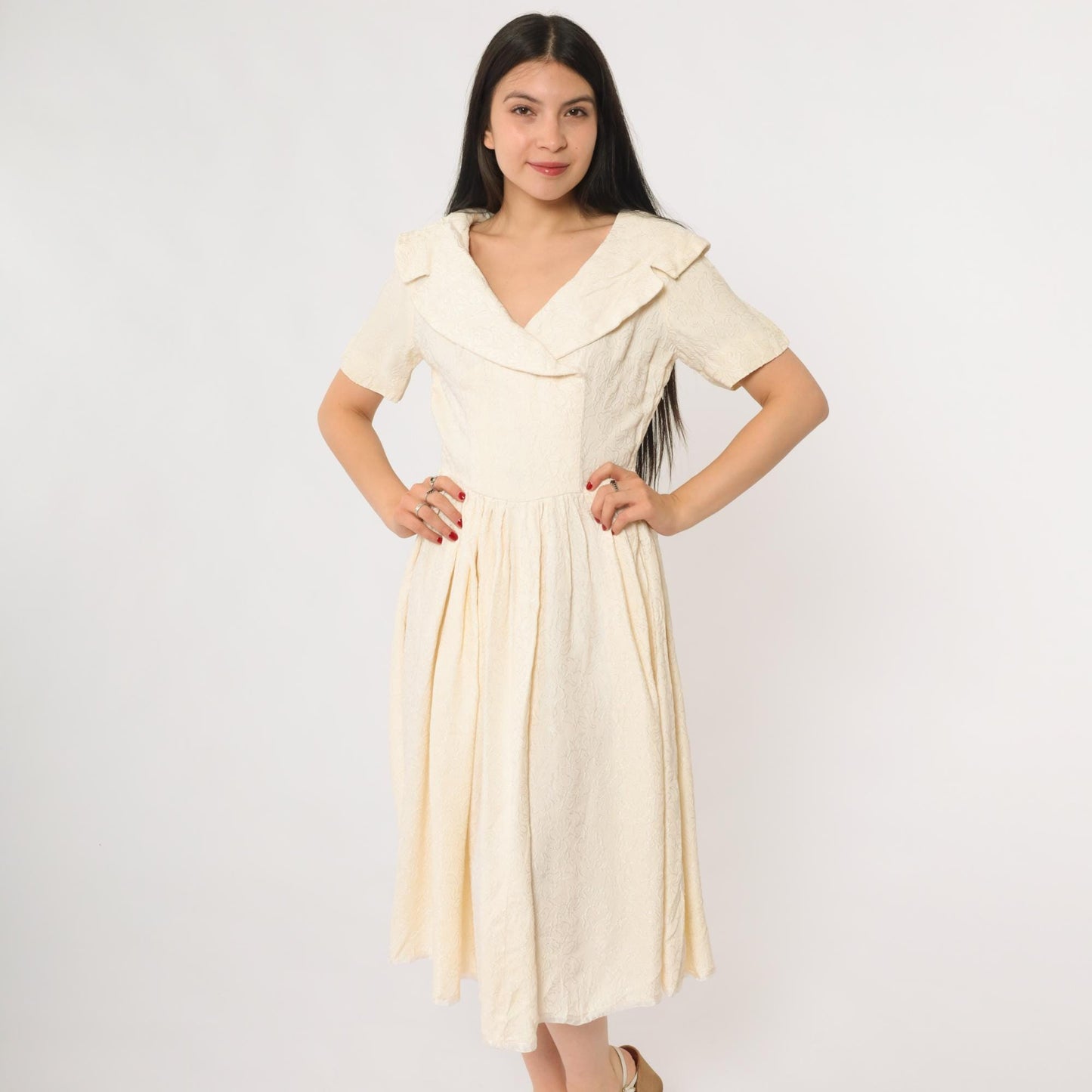 1950s Cream Sailor Collar Midi Dress Jacquard Small Medium