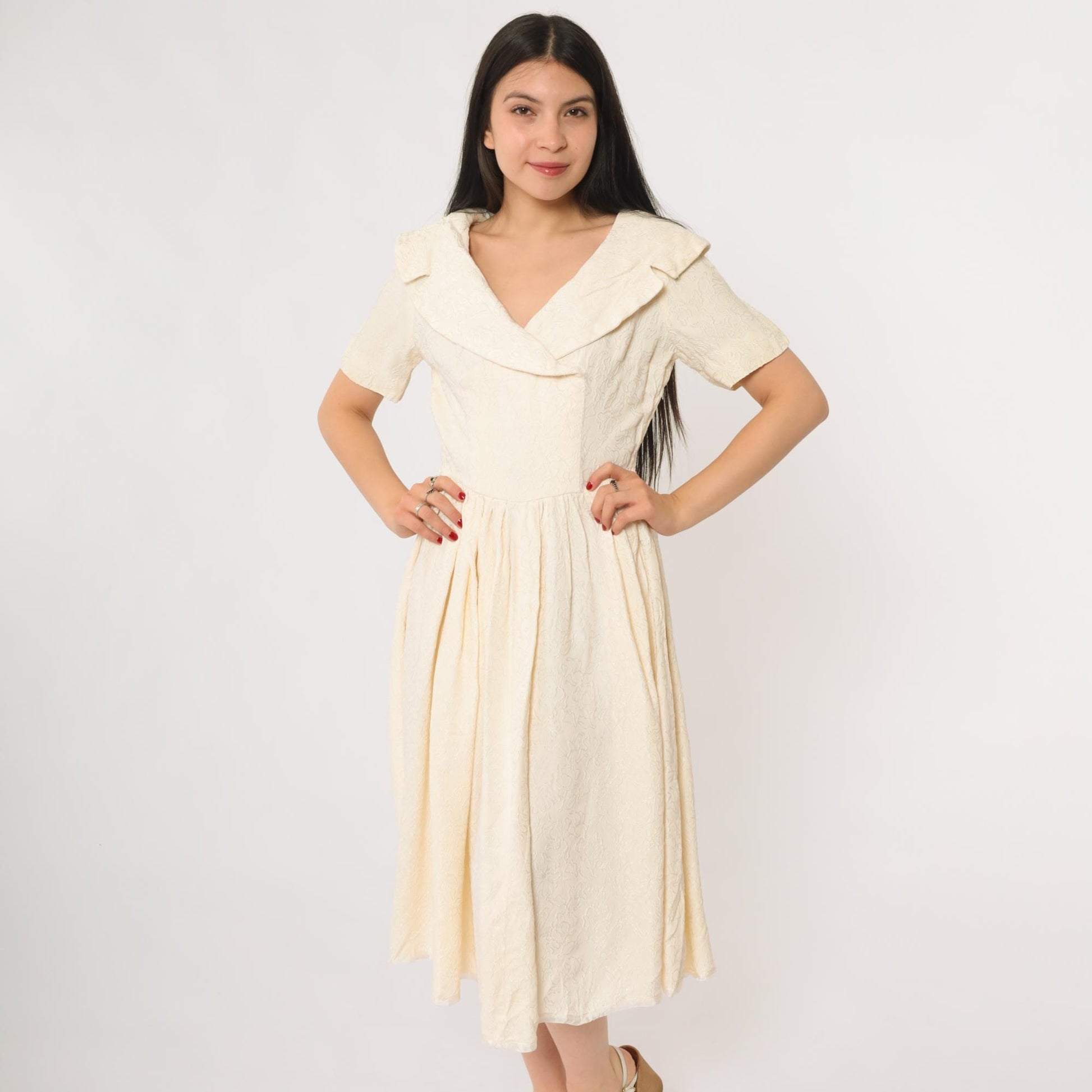 1950s Cream Sailor Collar Midi Dress Jacquard Small Medium