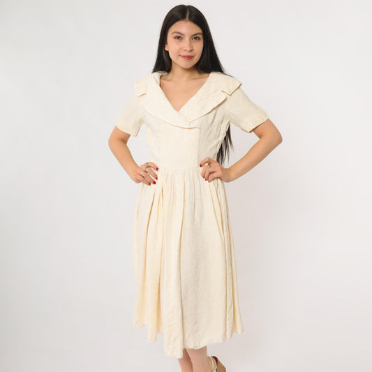 1950s Cream Sailor Collar Midi Dress Jacquard Small Medium