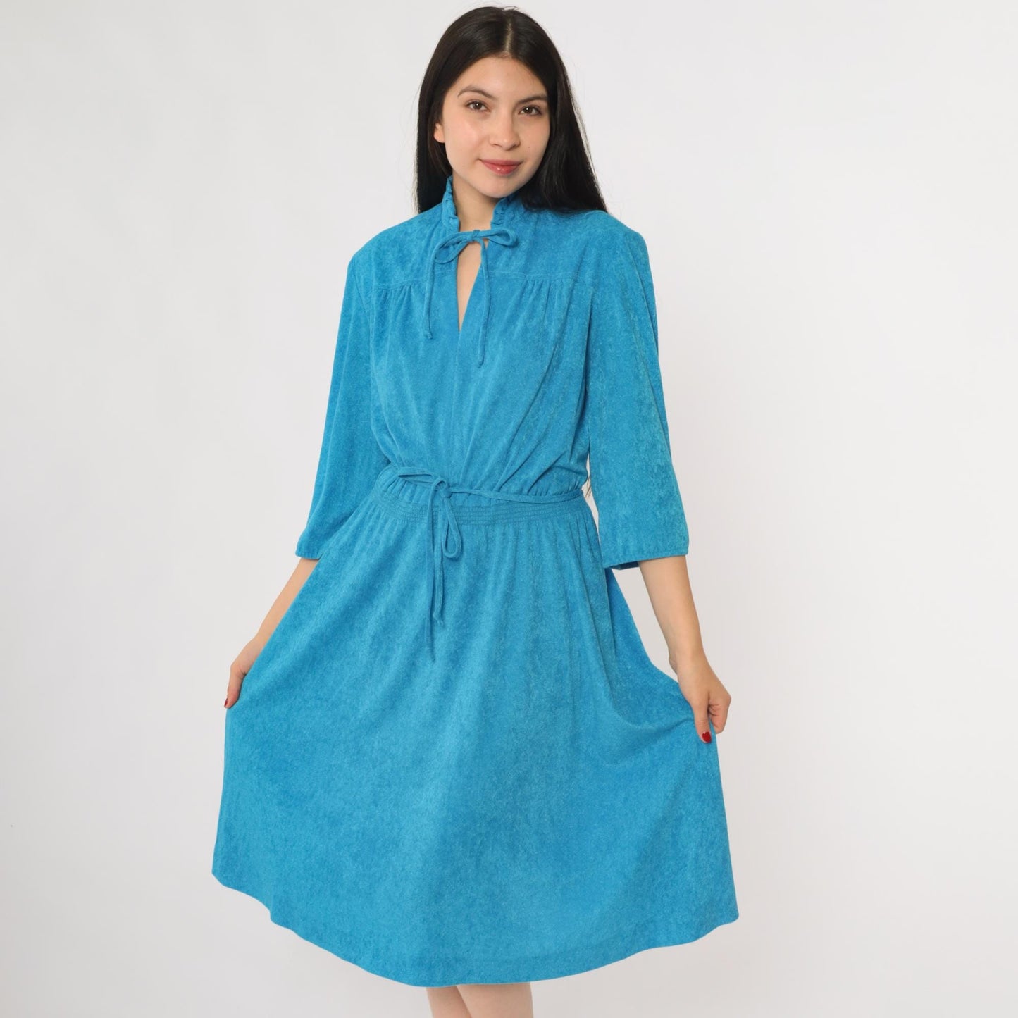 70s Blue Terrycloth Dress Ruffle Tie Front Keyhole Three Quarter Sleeve Midi Large L