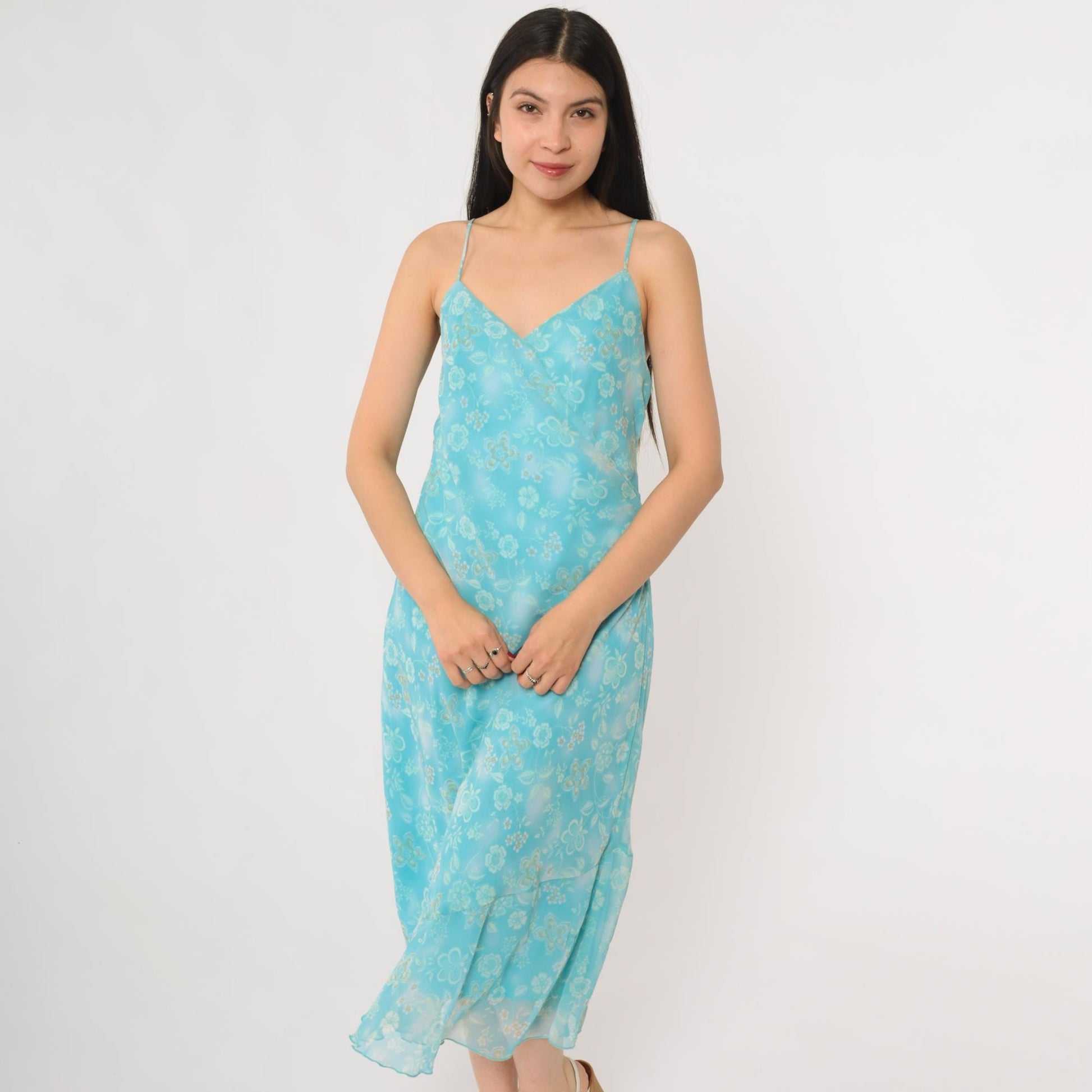 Y2K New York & Company Aqua Floral Slip Dress Midi Spaghetti Strap Large