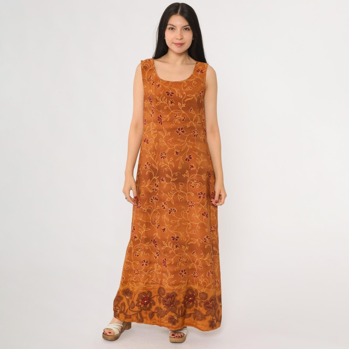 90s Burnt Sienna Floral Maxi Dress Sleeveless Tank Scoop Neck Large L