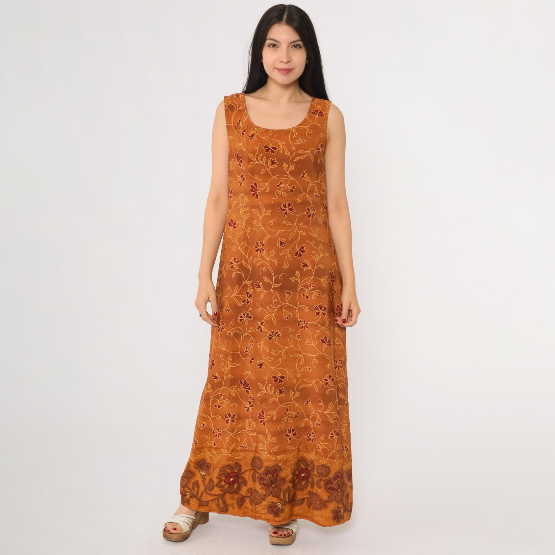 90s Burnt Sienna Floral Maxi Dress Sleeveless Tank Scoop Neck Large L