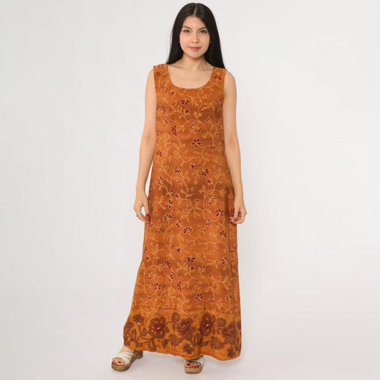 90s Burnt Sienna Floral Maxi Dress Sleeveless Tank Scoop Neck Large L