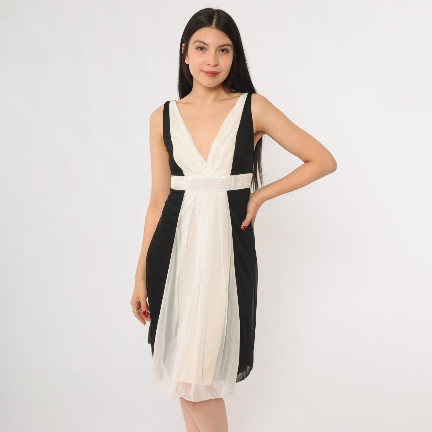 Y2K Ruby Rox Black Cream Colorblock Mini Dress Deep V Empire Waist Small
