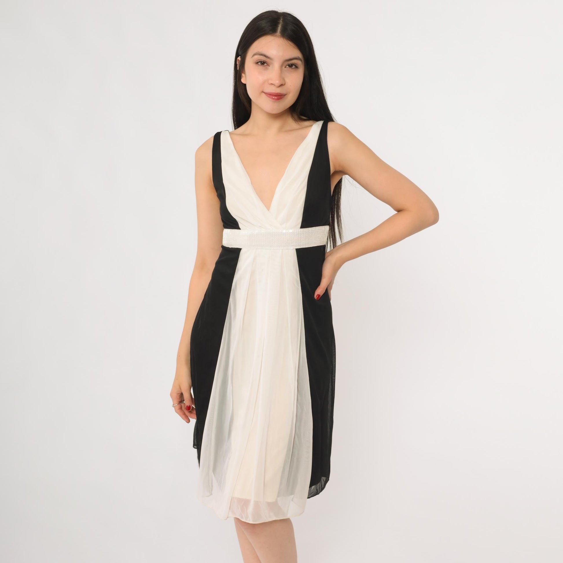 Y2K Ruby Rox Black Cream Colorblock Mini Dress Deep V Empire Waist Small