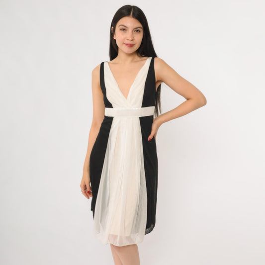 Y2K Ruby Rox Black Cream Colorblock Mini Dress Deep V Empire Waist Small
