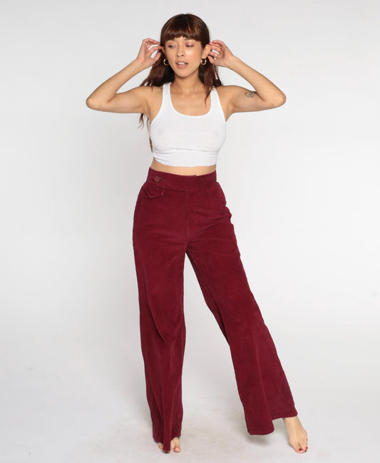 80s Burgundy Corduroy High-Waist Straight-Leg Trousers Medium M