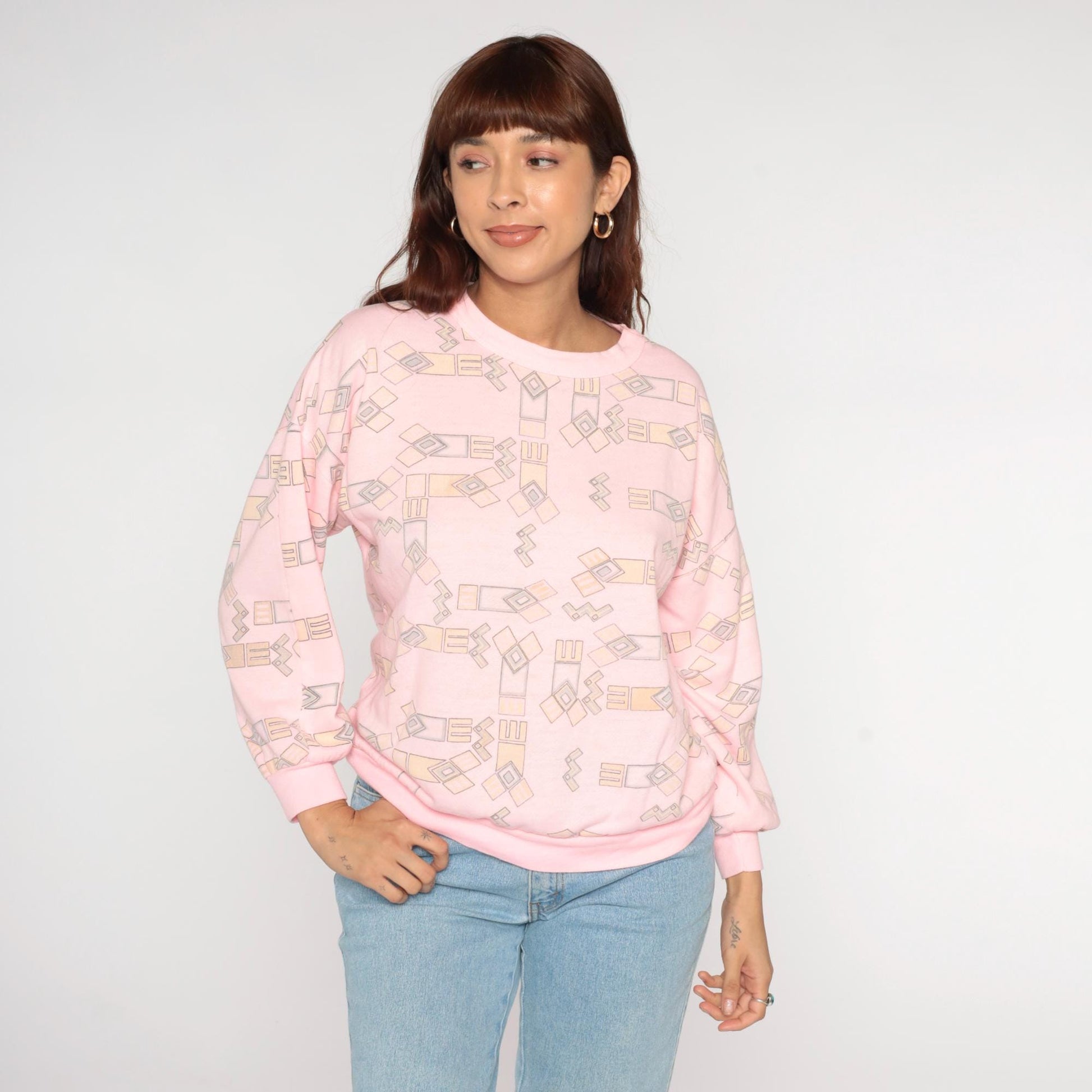 90s Julie Girl Pink Geometric Sweatshirt Crew Neck Abstract Pattern Small